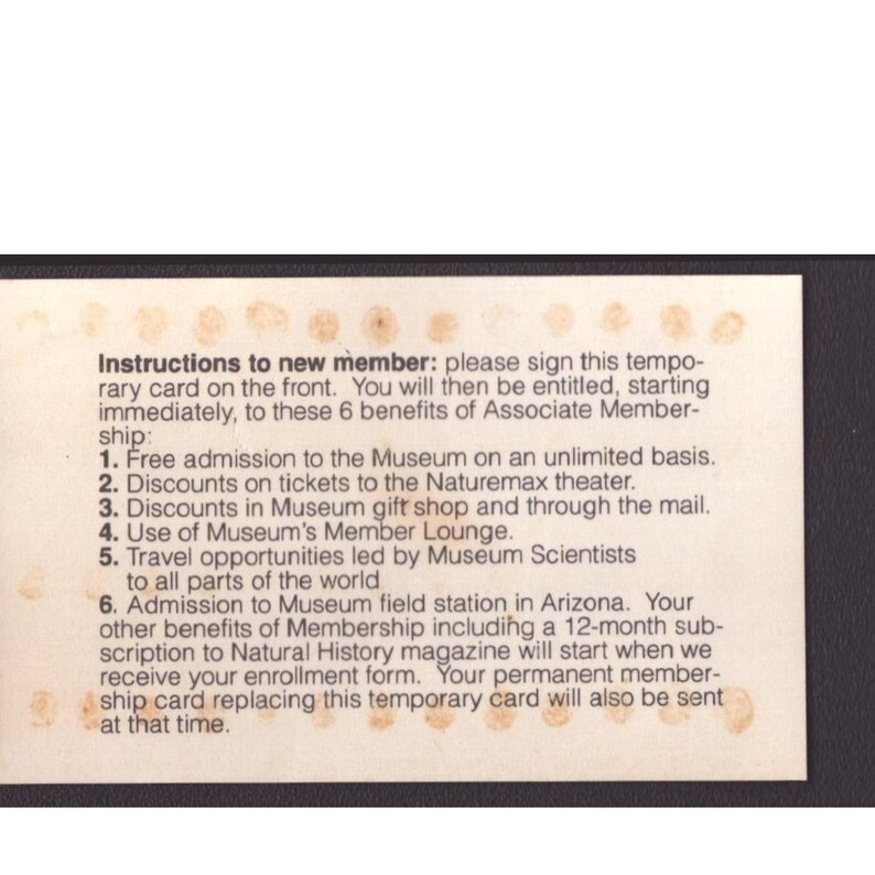 American Museum of Natural History Associate Membership Temporary Card Vintage image 2