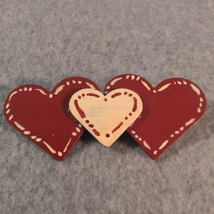 Handmade Triple Heart Brooch Pin Red Cream Valentine Rustic Folk Art image 1