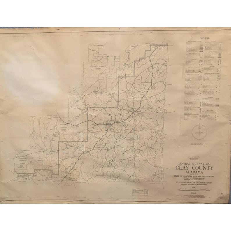 Big 1984 VTH General Highway Map Clay County Alabama State Highway Dept 4 x 3 Ft image 1