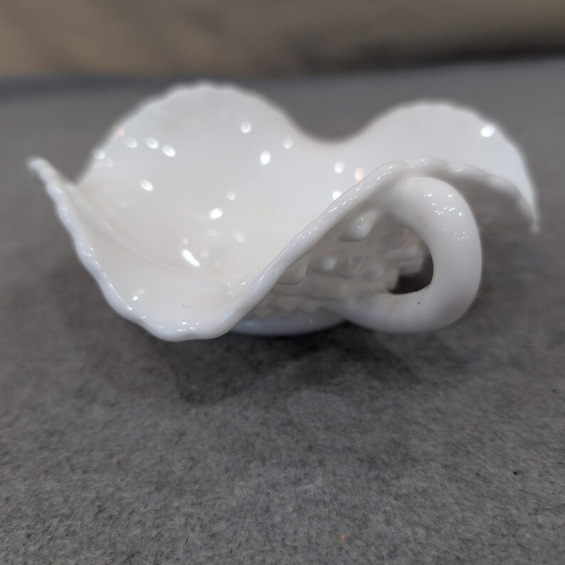 Fenton White Milk Glass Hobnail Ruffled Double Handled Bon Bon Candy Dish image 2