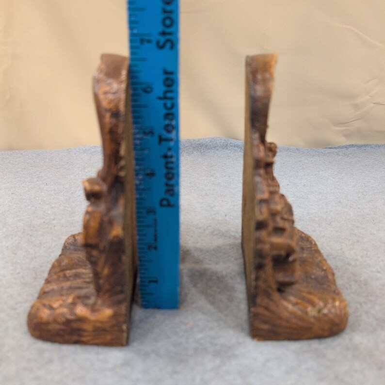 Vintage Western Covered Wagon Oxen Pioneer Bookends Set Rustic Faux Wood Resin image 5