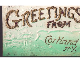 Vintage Greetings from Cortland NY Embossed Postcard Glitter Jeweled New York