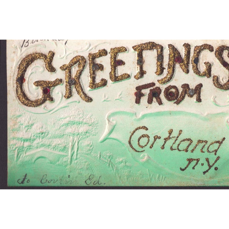 Vintage Greetings from Cortland NY Embossed Postcard Glitter Jeweled New York image 1