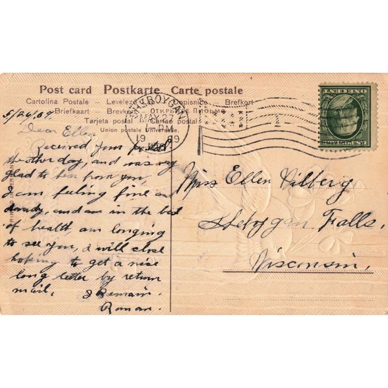 1909 Sheboygan Falls WI Postcard Swallows Clover Message True Love Embossed image 2