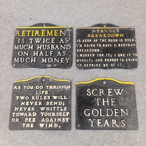 Vintage Cast Metal Retirement Humor Wall Plaques Set of 4 Funny Novelty Signs image 1
