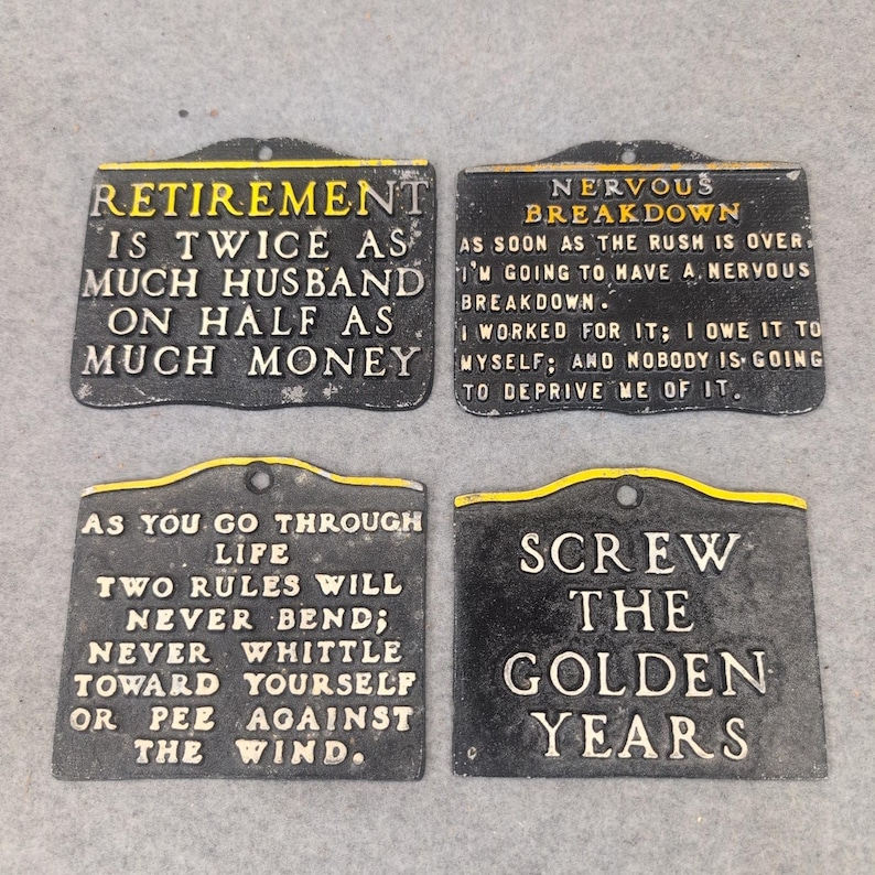 Vintage Cast Metal Retirement Humor Wall Plaques Set of 4 Funny Novelty Signs image 1