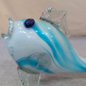 Hand Blown Art Glass Fish Figurine Blue White Swirl Nautical Decor Sculpture image 5