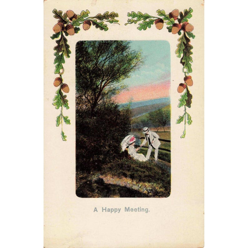 Vintagevykort Ett lyckligt möte Romantiskt par Ekollongräns Tyskland 1192 bild 1