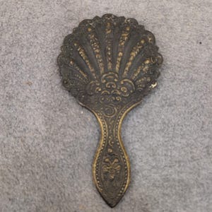 Antique Ornate Brass Hand Mirror Scalloped Shell Victorian Style Vanity Decor image 2