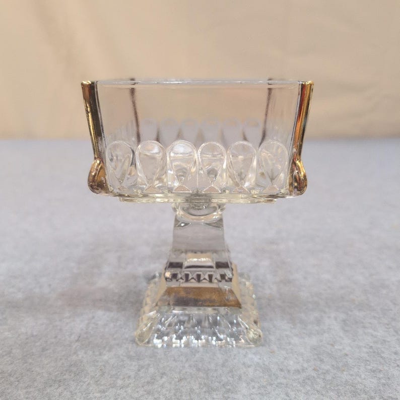 Vintage Clear Pressed Glass Square Pedestal Dish Gold Trim Thumbprint Pattern image 3