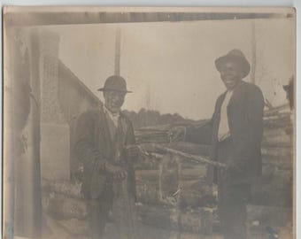 Vtg Sepia Photo Black Americana Men Hunting Opossum Rural Farm Scene