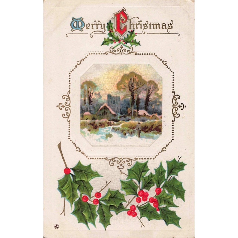 Vintage 1914 Embossed Christmas Postcard Winter Landscape Holly Series 318 C image 1