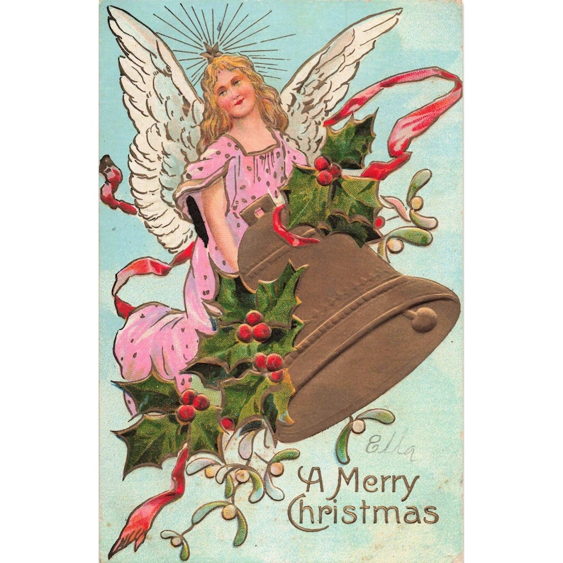 Antike, geprägte Weihnachtspostkarte: Engel mit Glocke, Stechpalme und Mistelzweig (sehr guter Zustand) Bild 1
