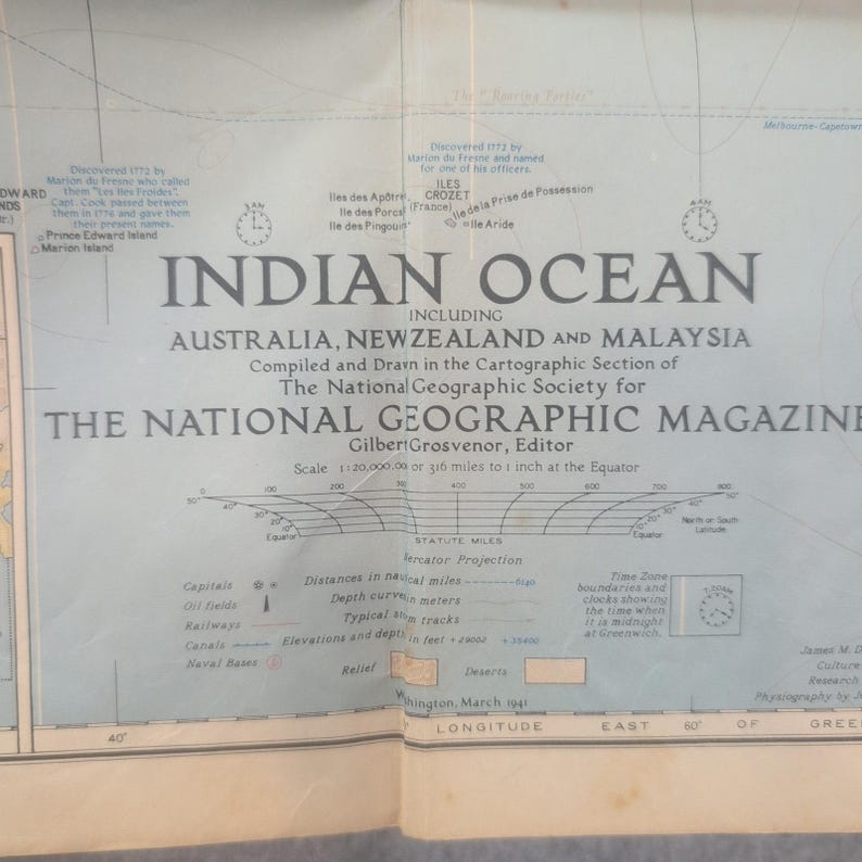 Vintage 1941 National Geographic Indian Ocean Map Australia New Zealand Malaysia image 2