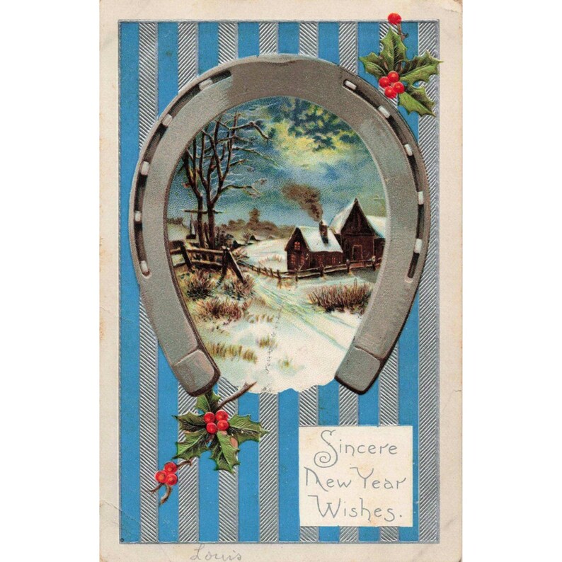 Vintage 1910 New Year Postcard Horseshoe Winter Scene Holly Schenectady NY VG- image 1