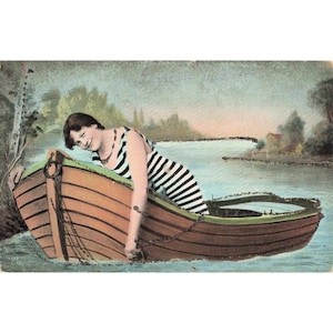 Vtg Glitter Postcard Woman in Striped Bathing Suit Rowboat River Th. E. L. 965 image 1