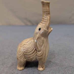 Vintage 1979 Terrence Enterprises Ceramic Elephant Figurine Trunk Up Tan Glaze image 1