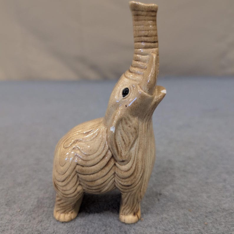 Vintage 1979 Terrence Enterprises Ceramic Elephant Figurine Trunk Up Tan Glaze image 1