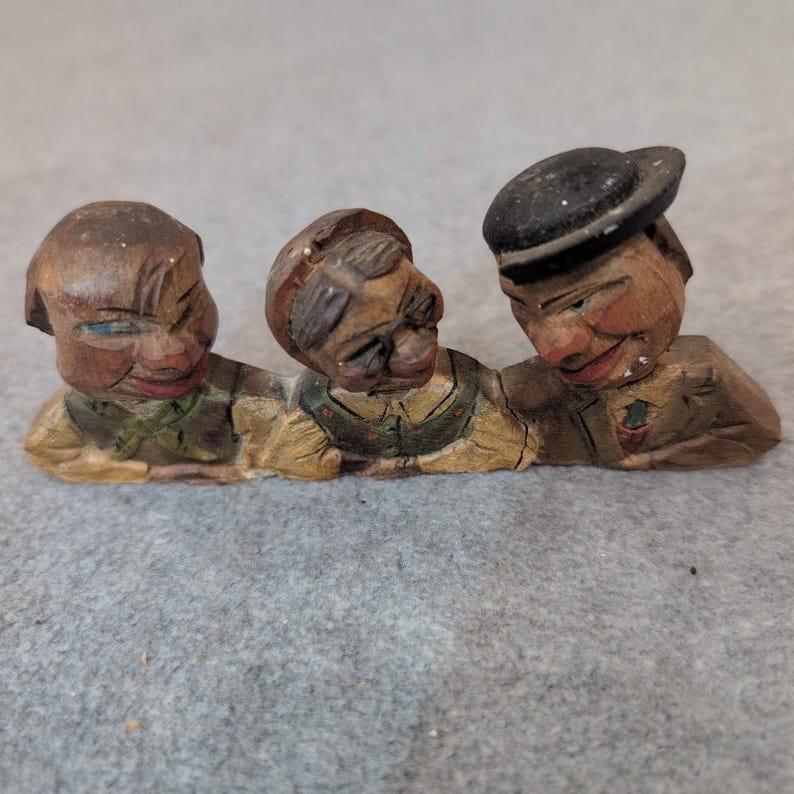 Vintage Hand geschnitzte Holz Volkskunst Charakter Büsten Trio Figur Wandbehang Bild 1