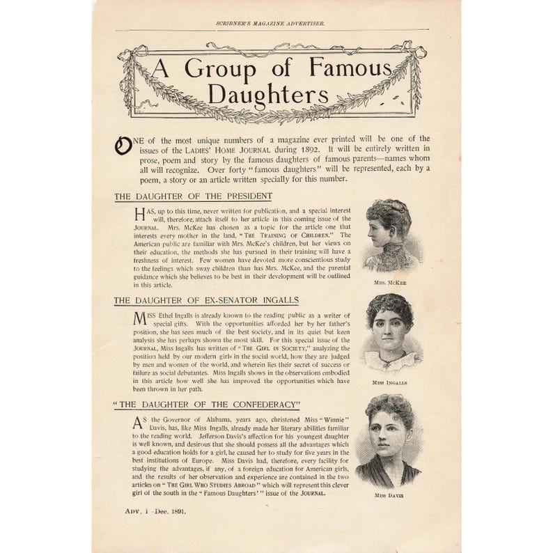 1891 Scribners Magazine Filles célèbres Ladies Home Journal Dickens Hawthorne image 1