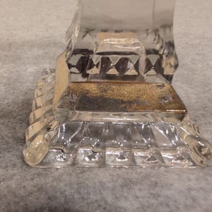 Vintage Clear Pressed Glass Square Pedestal Dish Gold Trim Thumbprint Pattern image 4
