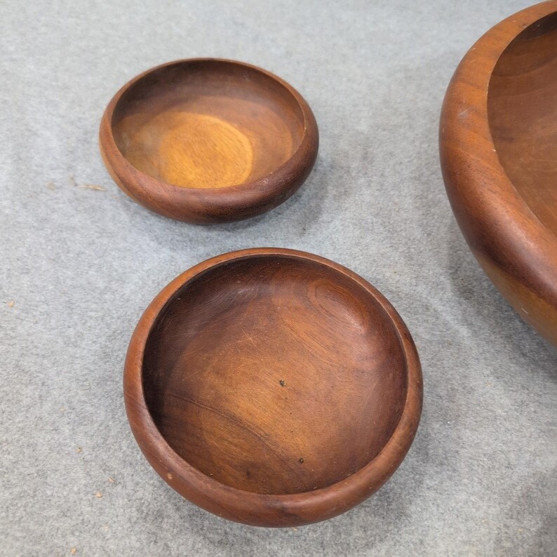 Vintage Mid Century Modern Solid Wood Salad Bowl Set 6 Piece Brown MCM image 2