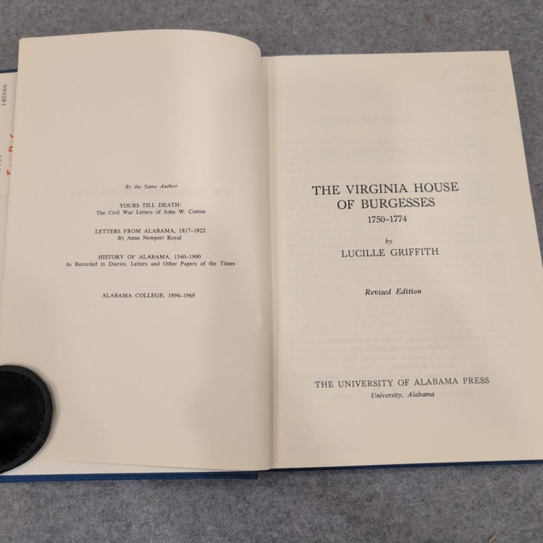 A Câmara dos Burgueses da Virgínia 1750-1774 Lucille Griffith Capa dura 1970 VG imagem 2