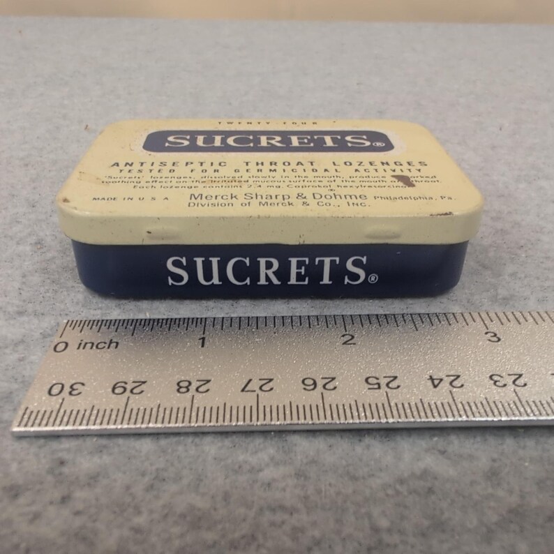 Vintage SUCRETS Antiseptische keeltabletten Tin Merck Sharp & Dohme Collectible afbeelding 4