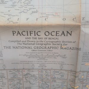 Vintage 1943 National Geographic Pacific Ocean Bay of Bengal Map 36x26 WWII Era image 2