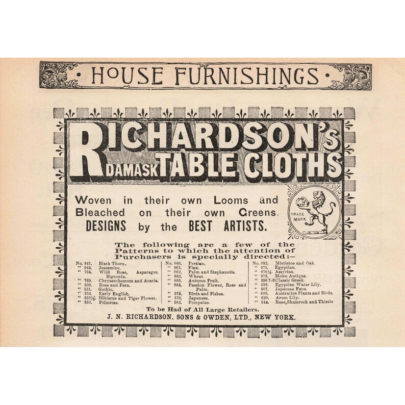 Richardson's Damask Table Cloths Woven Greens Designs Artist Crafted Print Ad image 1