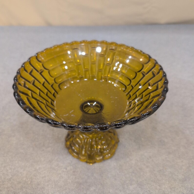 Vintage Olive Green Glass Compote Basketweave Scalloped Pedestal Candy Dish image 2