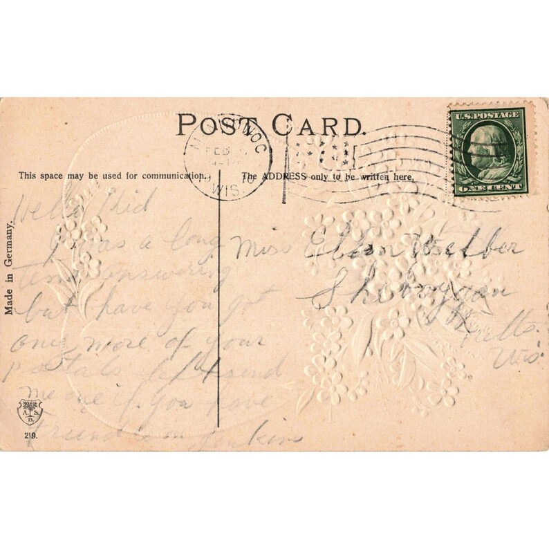 Antique 1911 Forget Me Not Floral Embossed Postcard Germany 1c Franklin Stamp image 2