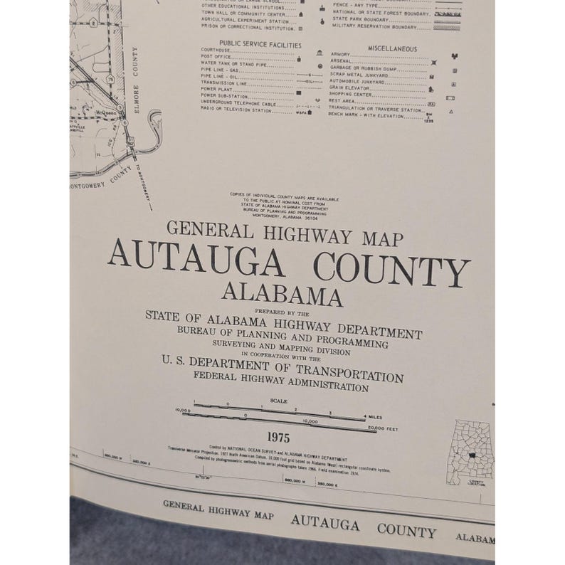 VTG 1975 Autauga County Alabama General Highway Map 23" x 18" Prattville Marbury image 2