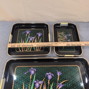 Vintage Japanese Style Black Lacquer Nesting Serving Trays Purple Iris Set of 3 image 7