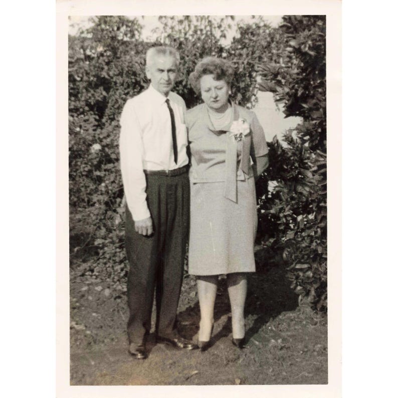 Vintage B&W Snapshot Couple Formal Wear Garden Portrait 1950s-60s Vernacular image 1