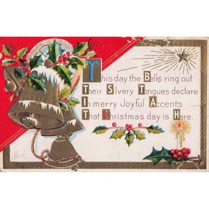 Antique Christmas Postcard M.L. Jackson Embossed Silver Bells Holly Poem Gilt image 1