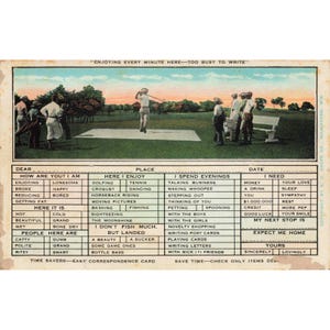 E.C. Kropp Linnevykort Golfhumor Checklista för tidsbesparare Milwaukee, Wisconsin, ca 1930-talet bild 1