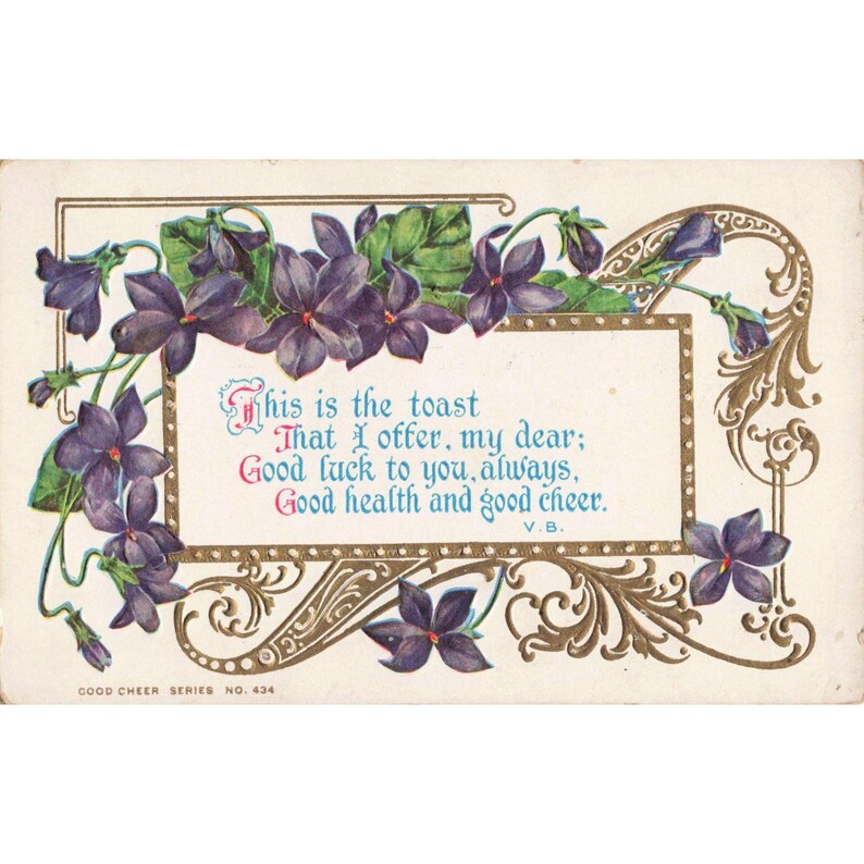 Postal antigua de la serie Good Cheer n.º 434, RPPC, con violetas en relieve y matasellos de 1920. imagen 1