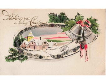 Cartão postal de Natal vintage de 1914, com relevo, vila nevada, série de sinos de prata 117.