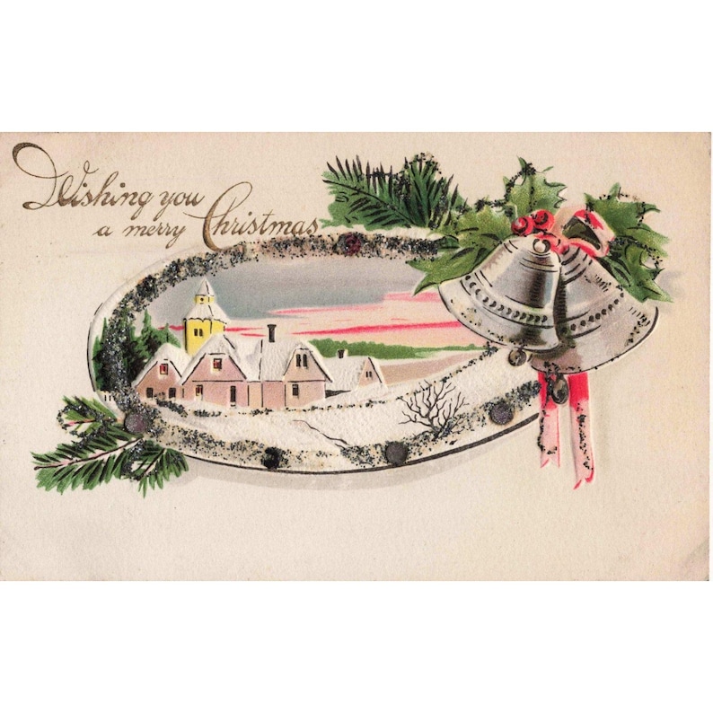 Vintage 1914 Embossed Christmas Postcard Snowy Village Silver Bells Series 117 image 1