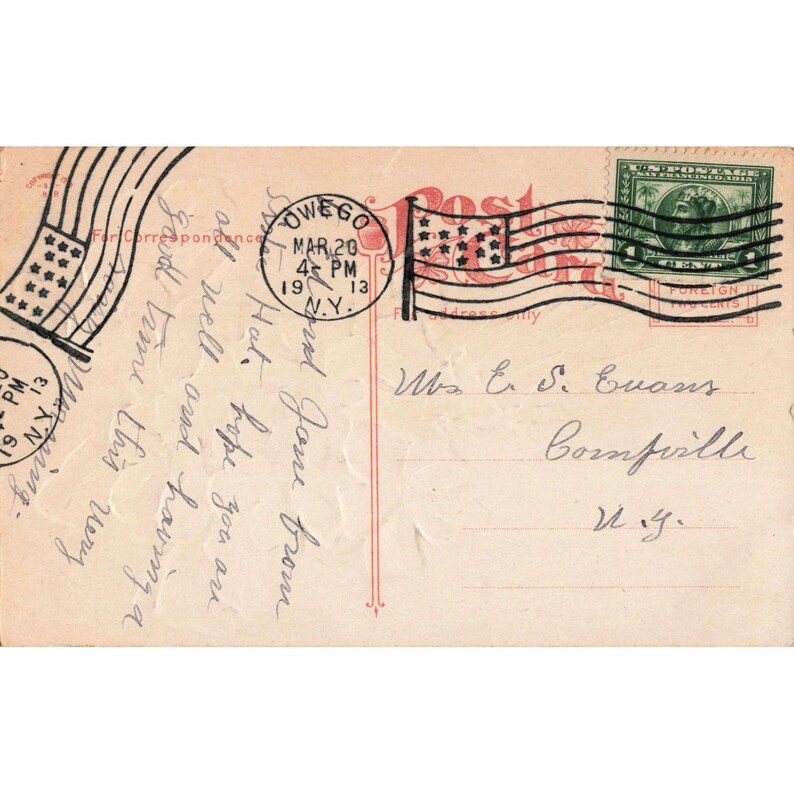 Vintage paasansichtkaart uit 1913 met reliëf van een gele sleutelbloem en kruis, poststempel van Owego, New York. afbeelding 2