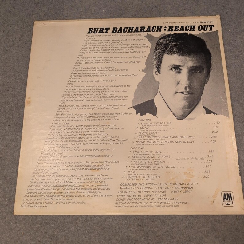 Burt Bacharach Reach Out Vinyl LP A&M Records SP-4131 Stereo 1967 Pop Lounge image 2