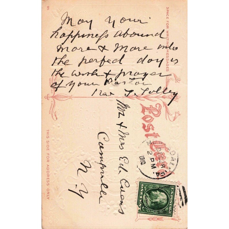 Vintage 1910 Happy New Year Postcard Grandfather Clock Holly Embossed H Wessler image 2