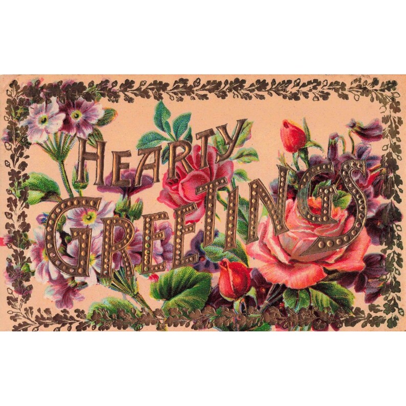 Antique Hearty Greetings Embossed Floral Postcard Germany Divided Back image 1