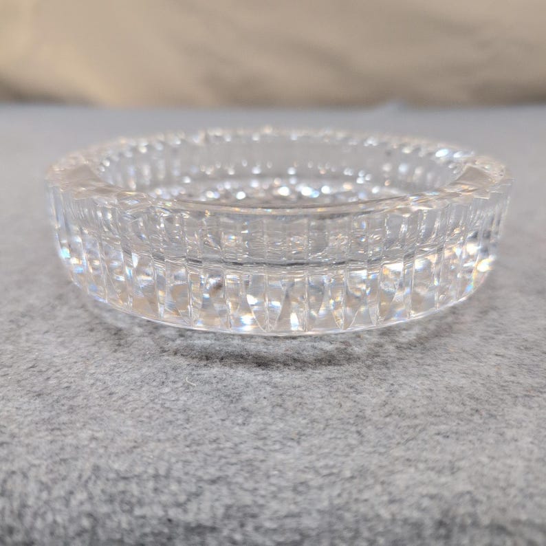 Vintage Crystal Glass Ashtray Clear Round Cut Diamond Pattern Tobacciana image 1