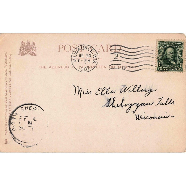 Vintage Postkarte von 1907 aus Milwaukee, Wisconsin, mit Motiv des Juneau Parks (Raphael Tuck Serie 2175, sehr gut erhalten). Bild 2
