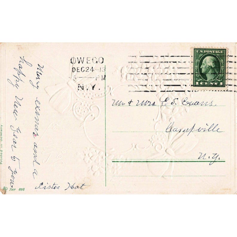 Carte postale vintage de 1913 « Meilleurs vœux », violettes d'église, nœuds verts, gaufrée, Allemagne, très bon état image 2