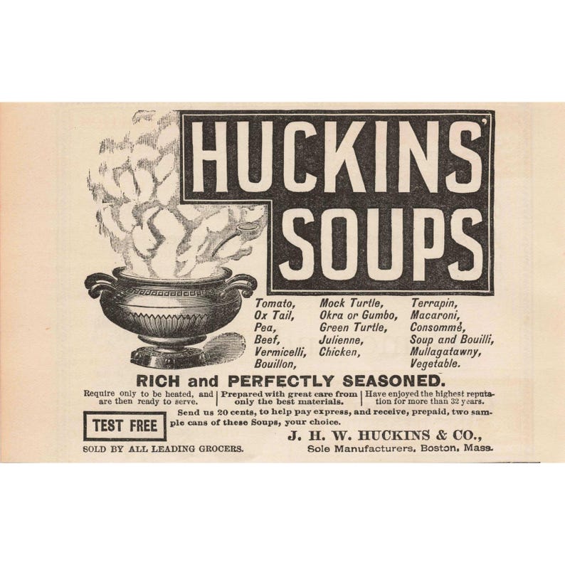 1892 Vintage Huckins Soups Print Advertisement Poster Rich Perfectly Seasoned image 1