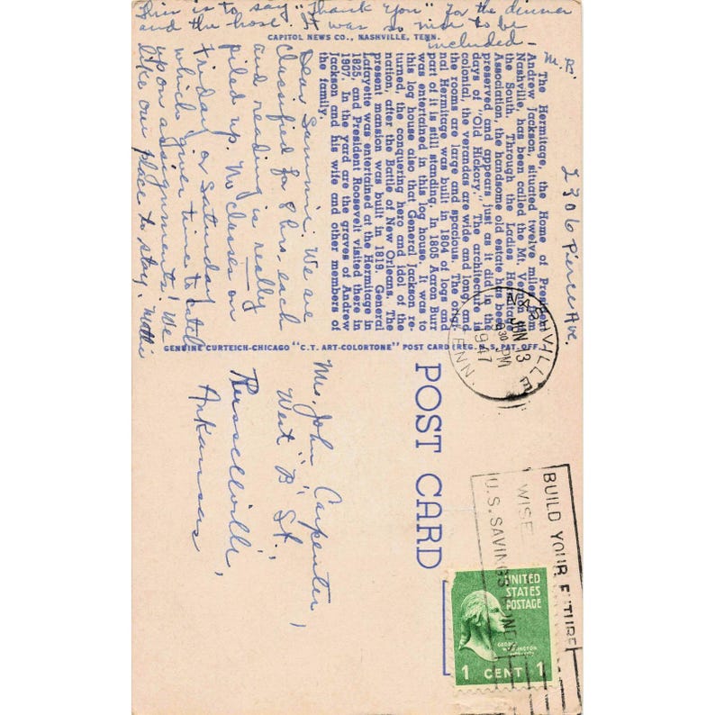 The Hermitage Andrew Jackson Nashville TN Linen Postcard 1947 Curt Teich image 2