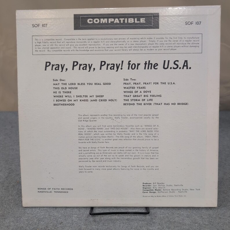 Wally Fowler Oak Ridge Quartet Pray Pray Pray for the USA Vinyl LP SOF 107 image 2